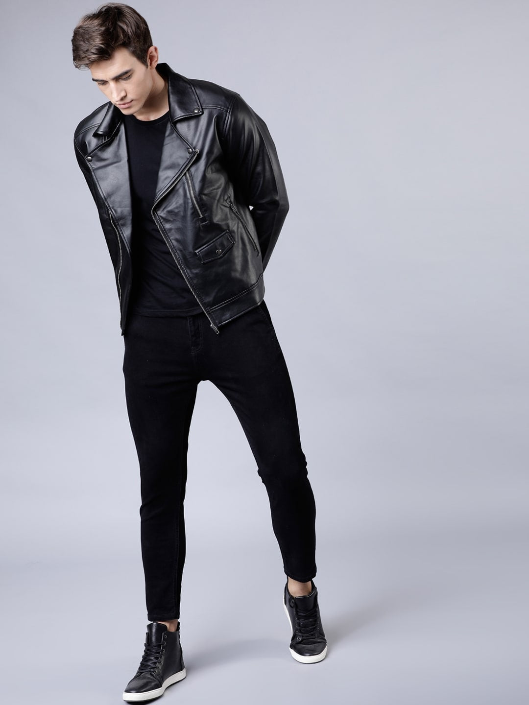 Men Black Solid Biker Leather Jacket