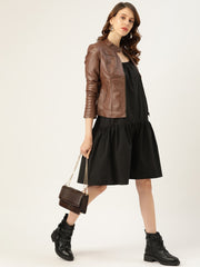 Women Brown Solid Lightweight Leather Jacket | QAWACH