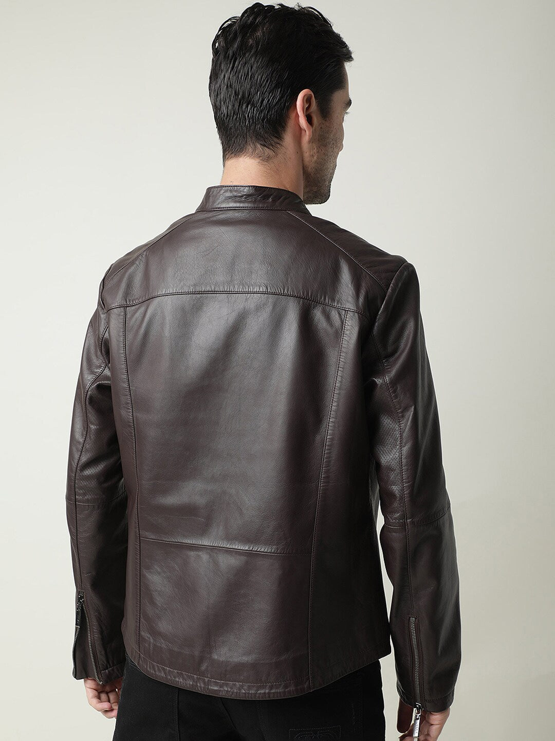 Shop Men Brown Leather Biker Jacket | QAWACH
