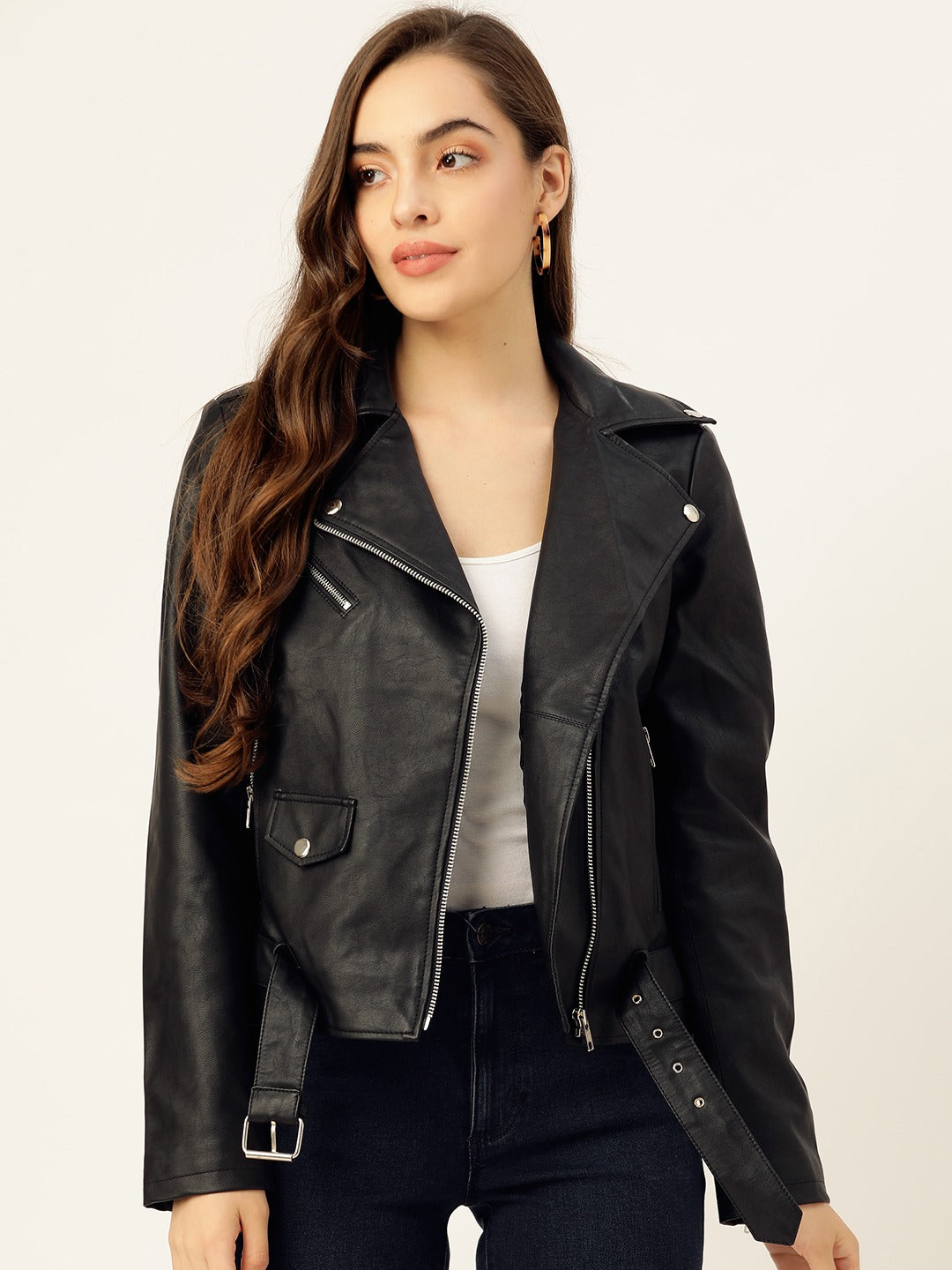 Women Black Solid Lightweight Leather Jacket | QAWACH
