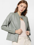Women Green Solid Leather Jacket - Qawach Leather