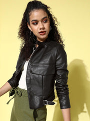 Women Black Crop Biker Jacket - Qawach Leather