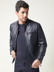 Stand Collar Leather Jacket | QAWACH