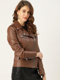Women Brown Solid Lightweight Biker Jacket - Qawach Leather