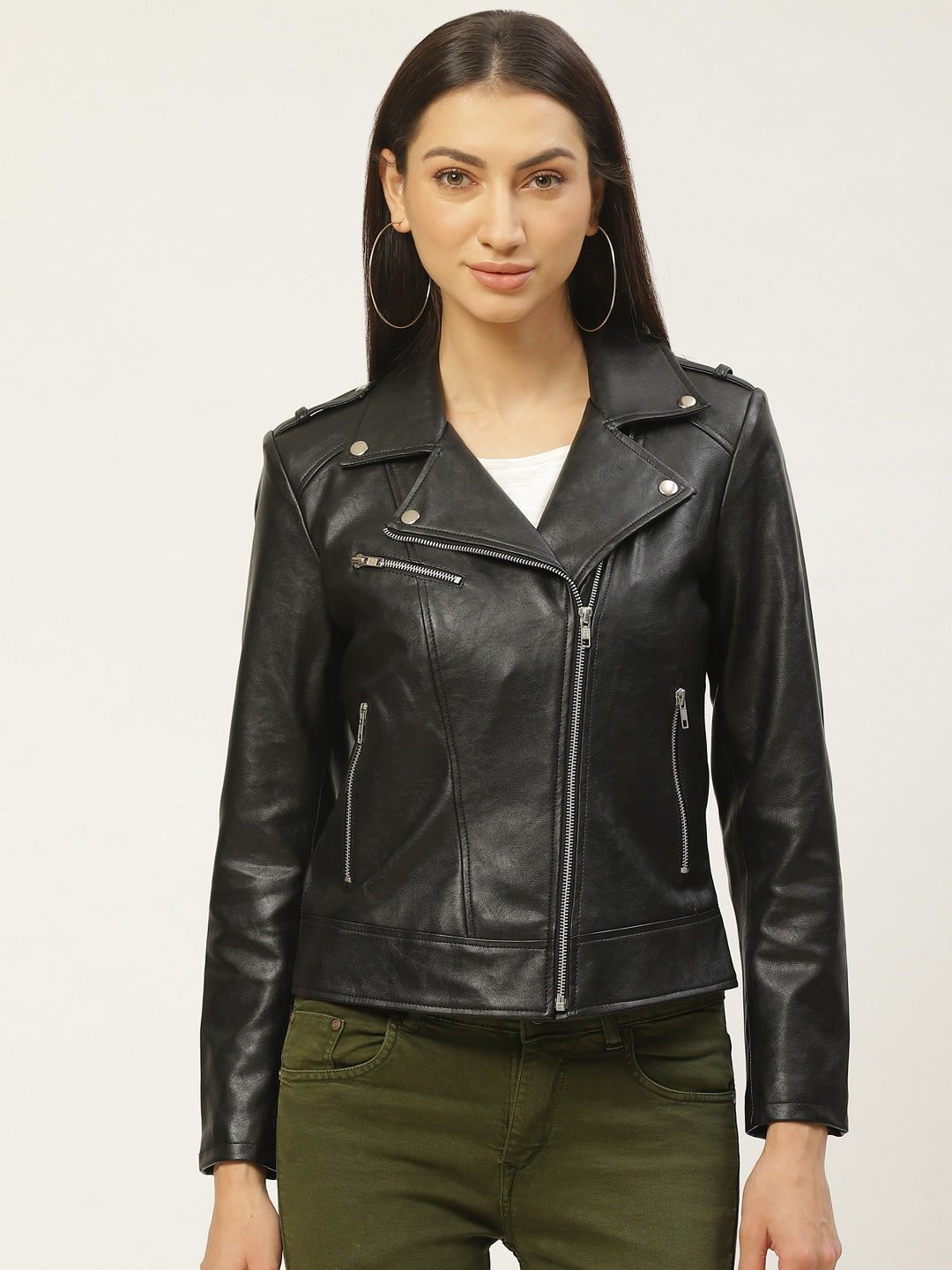 Women Black Solid Lightweight Biker Jacket | QAWACH