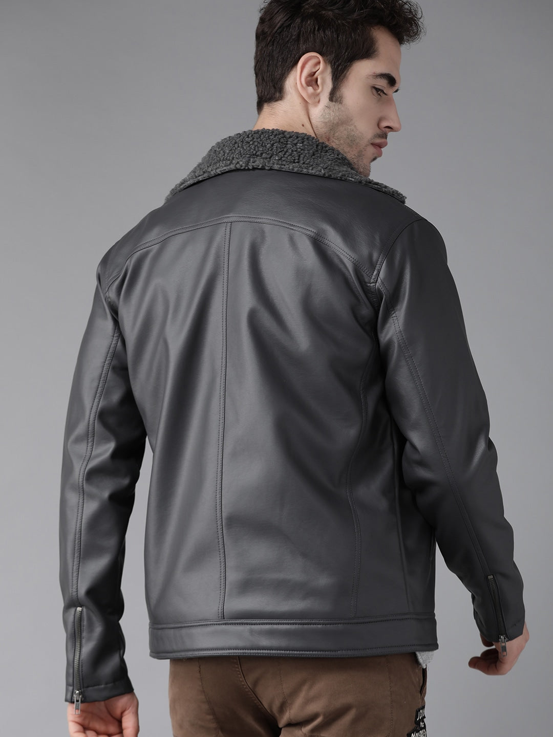 Men Charcoal Grey Solid Biker Jacket  | QAWACH