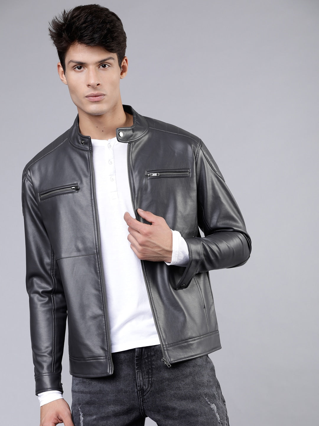 Men Charcoal Grey Leather Biker Jacket | QAWACH