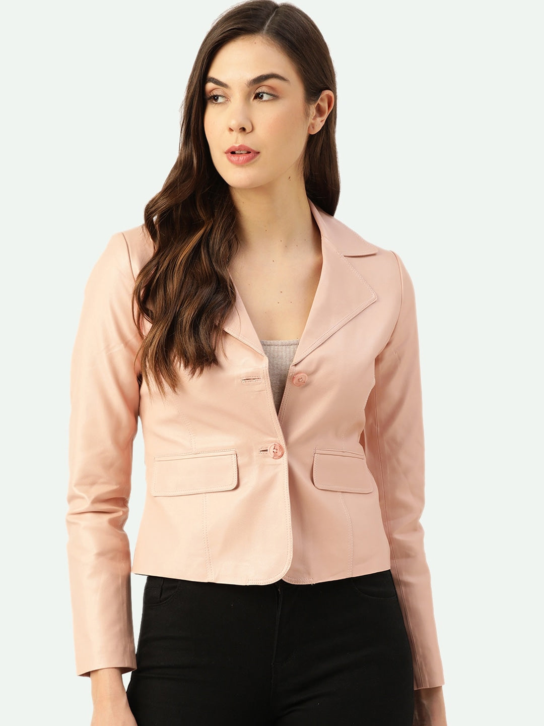 Women Pink Genuine Leather Blazer | QAWACH