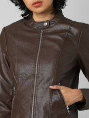 Women Brown Crop Leather Jacket | QAWACH
