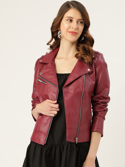Women Maroon Solid Lightweight Leather Jacket | QAWACH