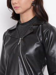 Women Black Solid Leather Jacket | QAWACH