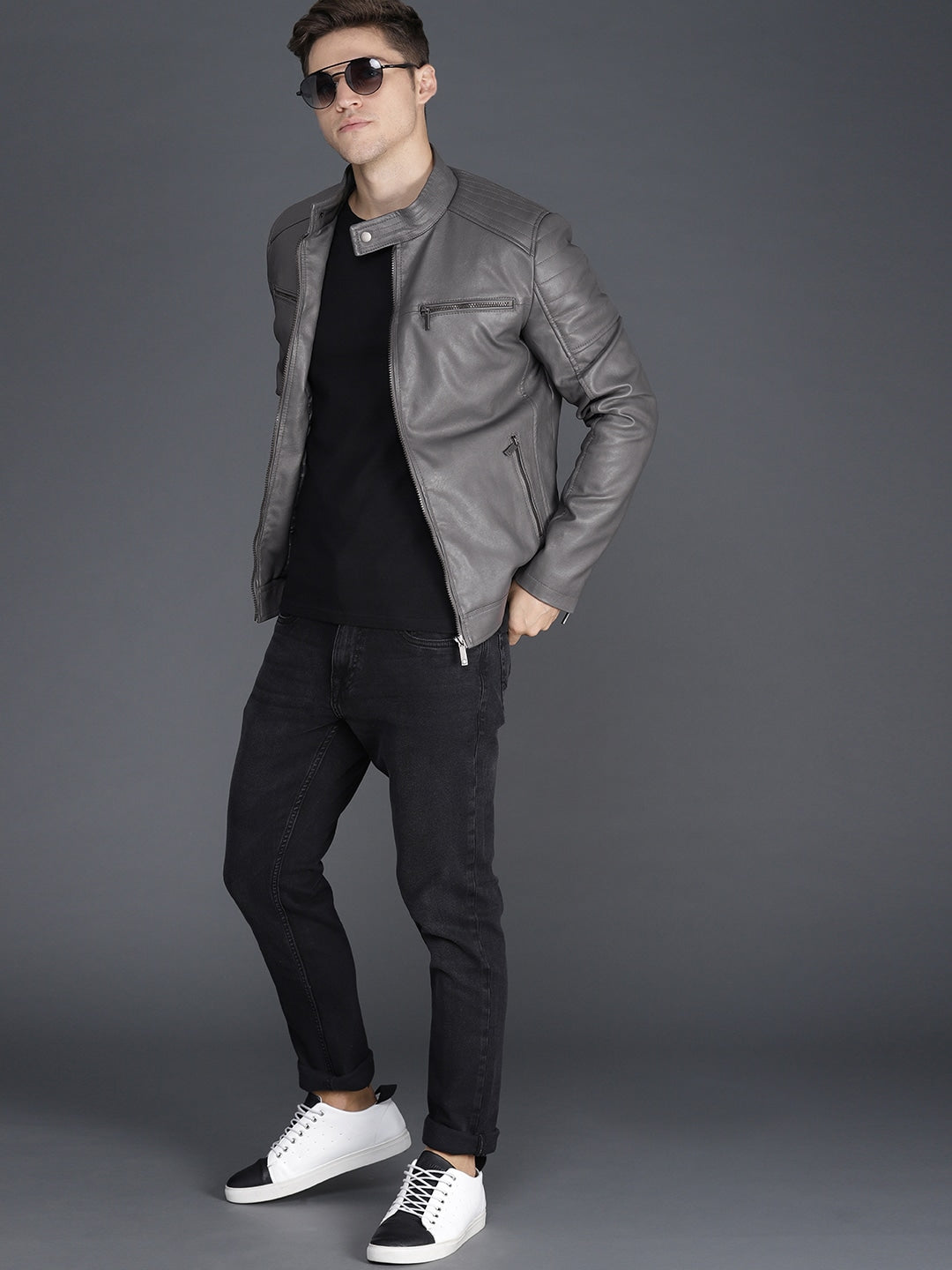 Men Olive Green Solid Biker Jacket | QAWACH