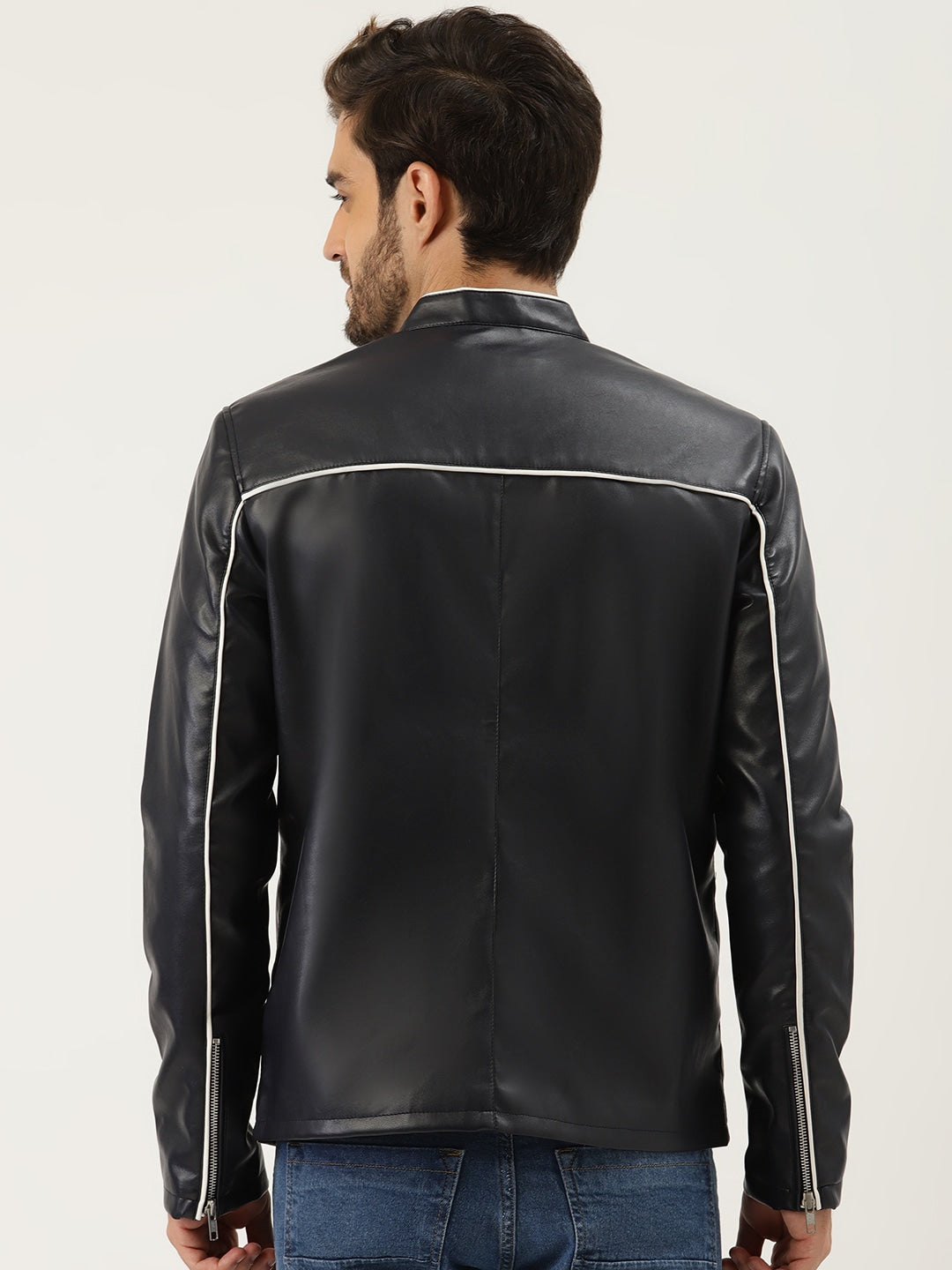 Men Navy Blue Solid Leather Jacket | QAWACH