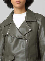 Women Green Crop Biker Leather Jacket | QAWACH