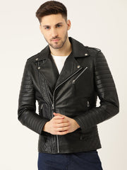 Men Solid Black Biker Leather Jacket