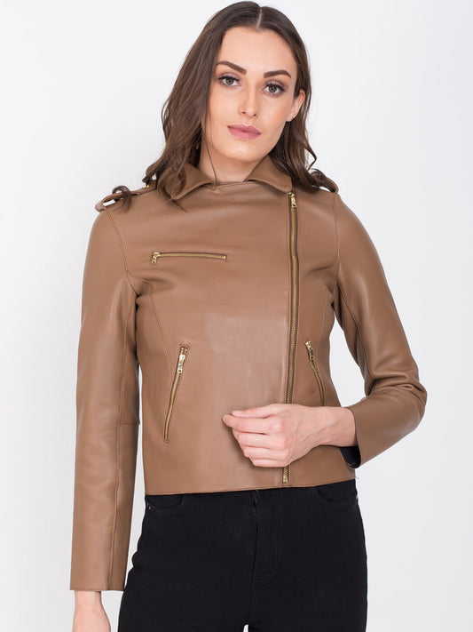 Women Tan Lightweight Crop Outdoor Leather Jacket | QAWACH