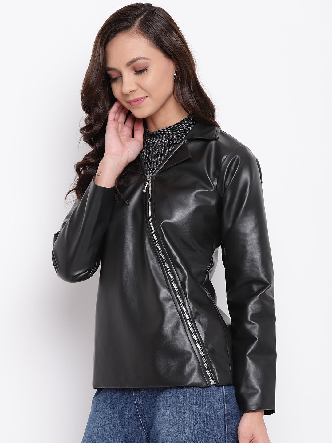 Women Black Solid Leather Jacket | QAWACH