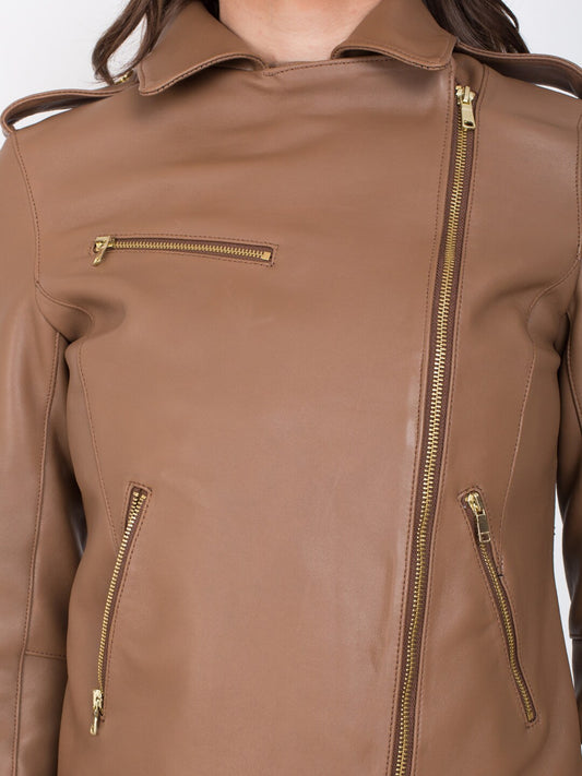 Women Tan Lightweight Crop Outdoor Leather Jacket | QAWACH