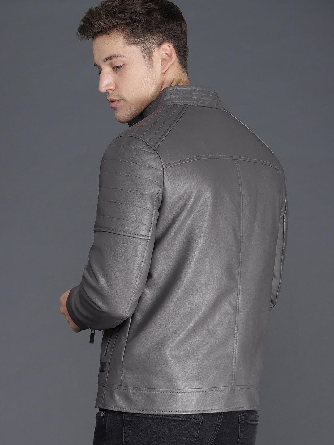 Men Olive Green Solid Biker Jacket | QAWACH