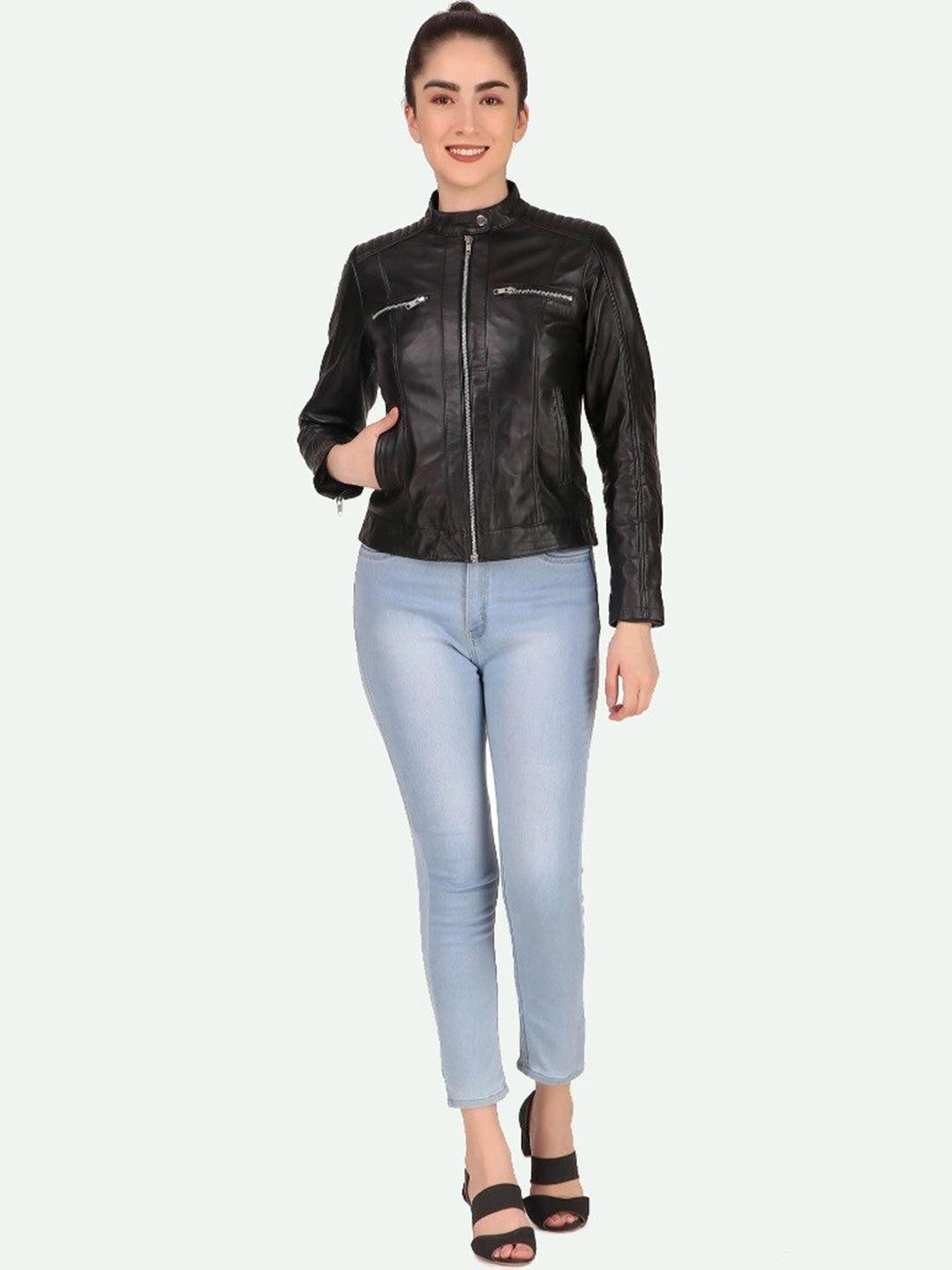 Women Black Leather Crop Outdoor Biker Jacket - Qawach Leather