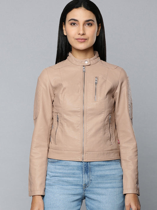 Shop Women Beige Leather Jacket | QAWACH
