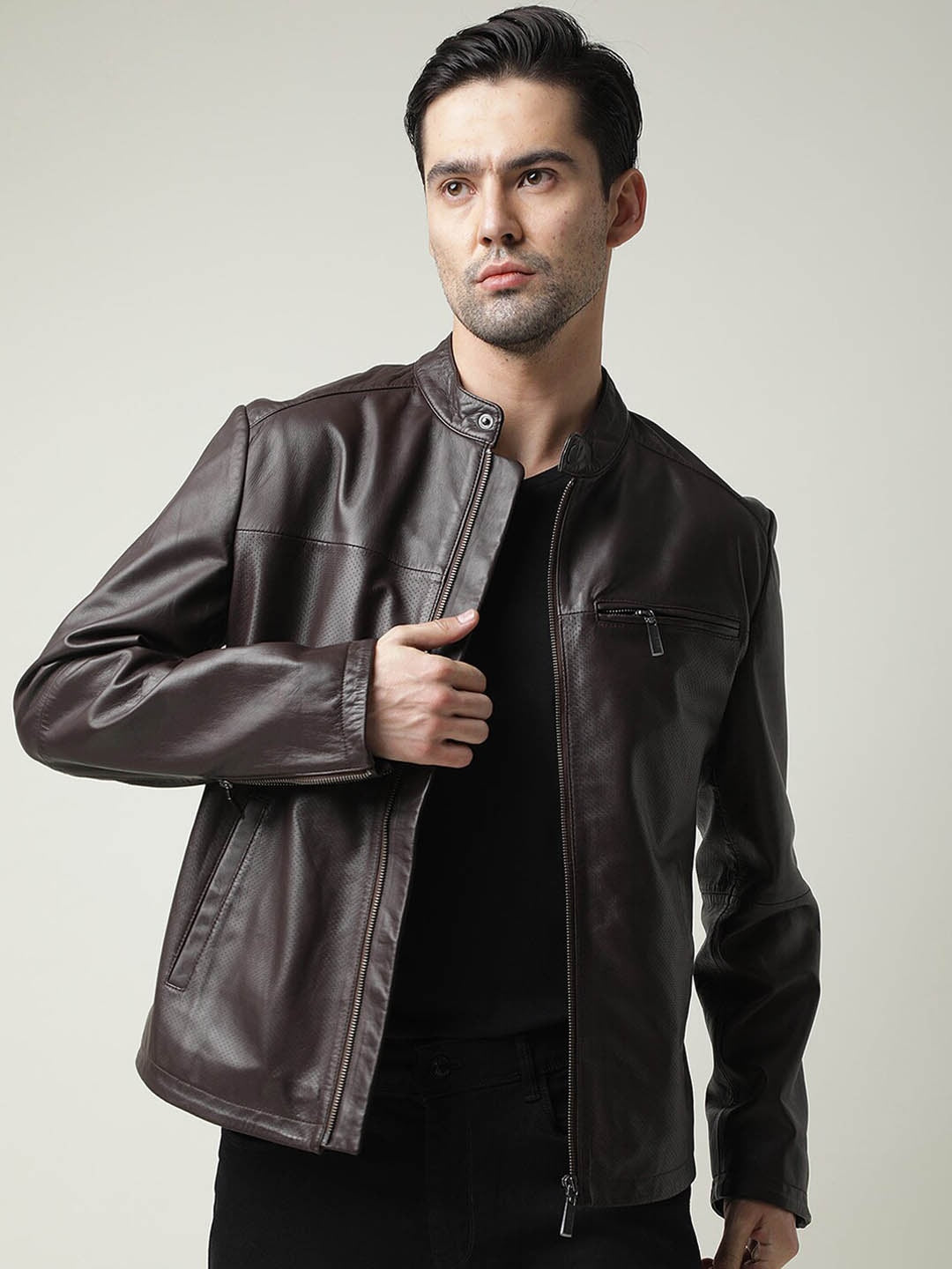Shop Men Brown Leather Biker Jacket | QAWACH