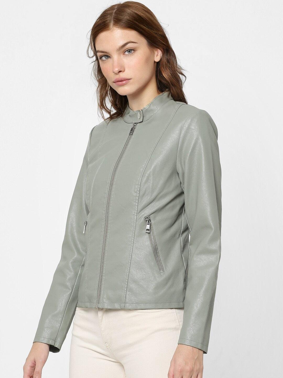 Women Green Solid Leather Jacket - Qawach Leather