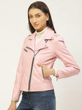 Women Pink Solid Lightweight Biker Jacket - Qawach Leather