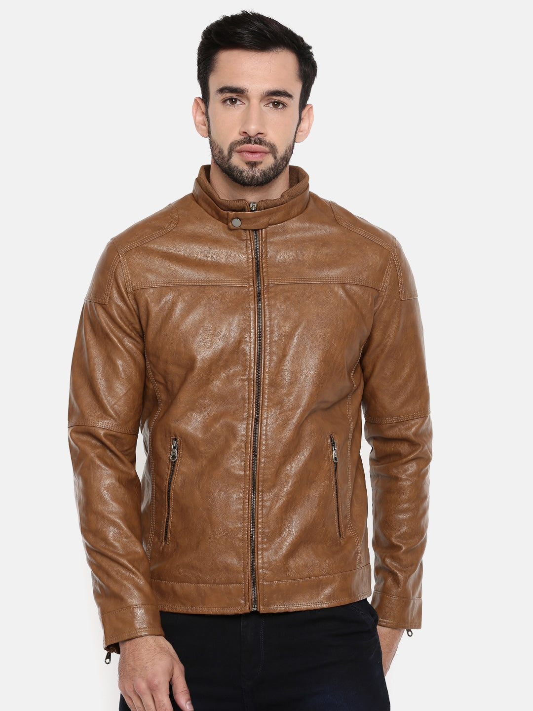 Shop Men Brown Solid Biker Jacket | QAWACH