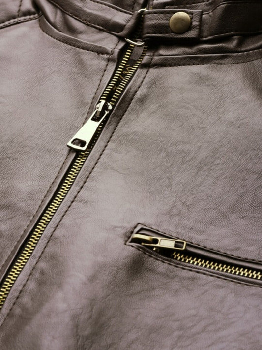 Men Coffee Brown Leather Biker Jacket | QAWACH