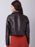 Women Brown Crop Biker Jacket | QAWACH