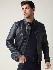 Stand Collar Leather Jacket | QAWACH