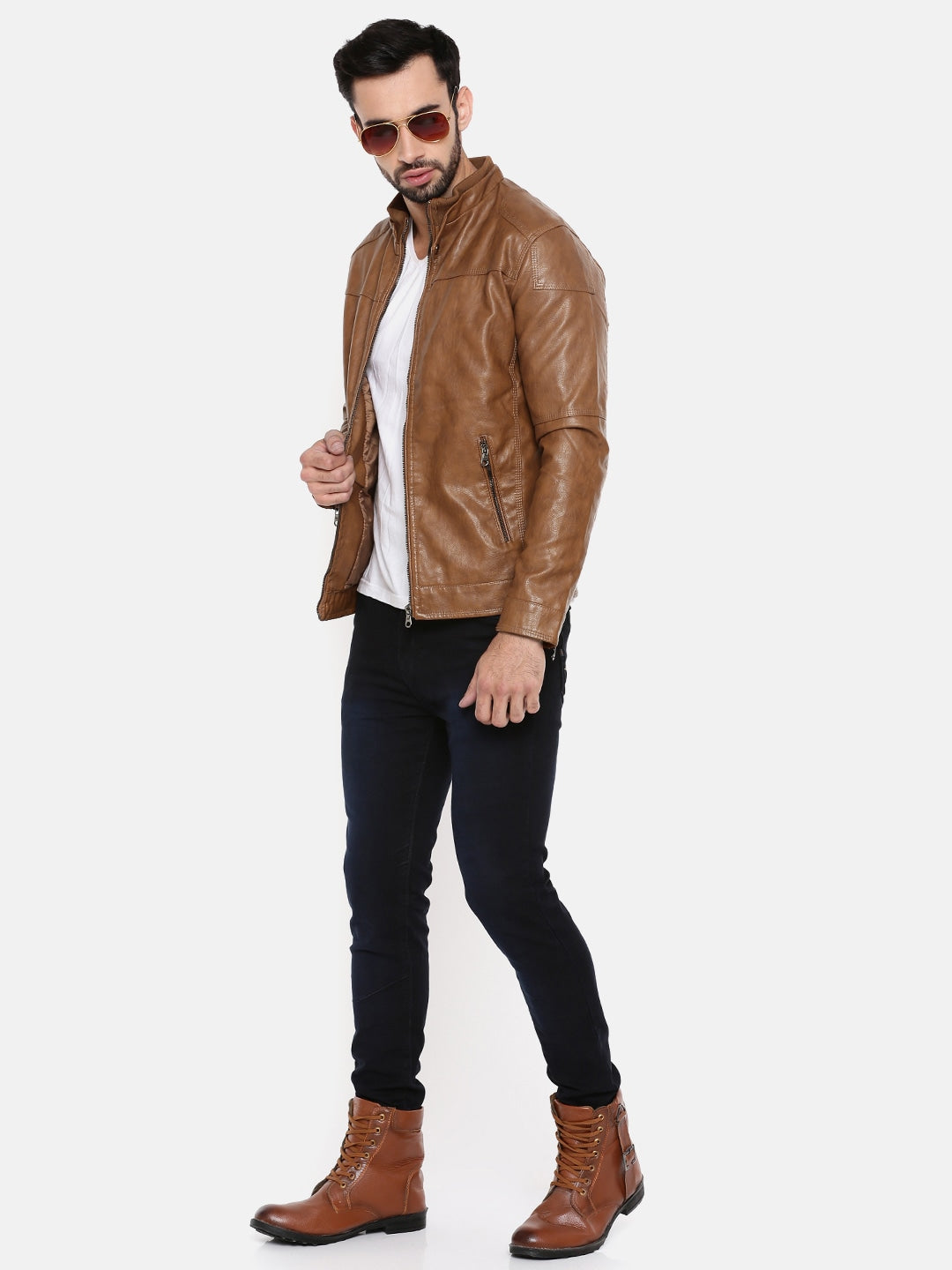 Shop Men Brown Solid Biker Jacket | QAWACH