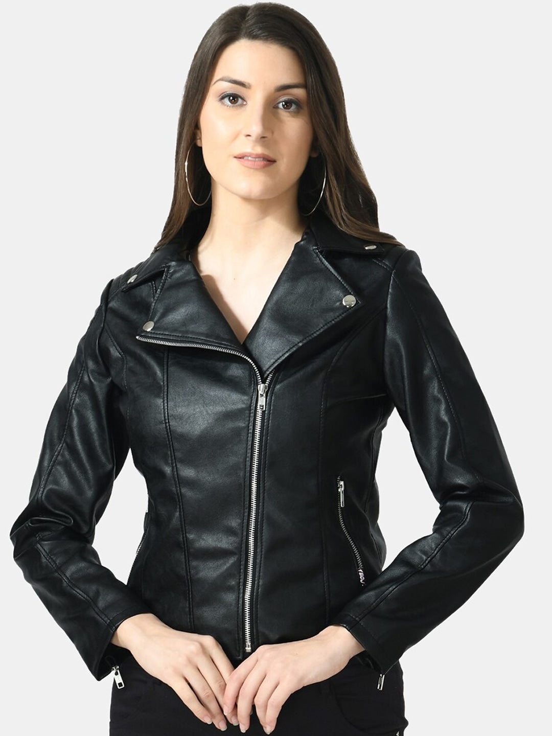 Women Black Lightweight Genuine Leather Crop Jacket | QAWACH