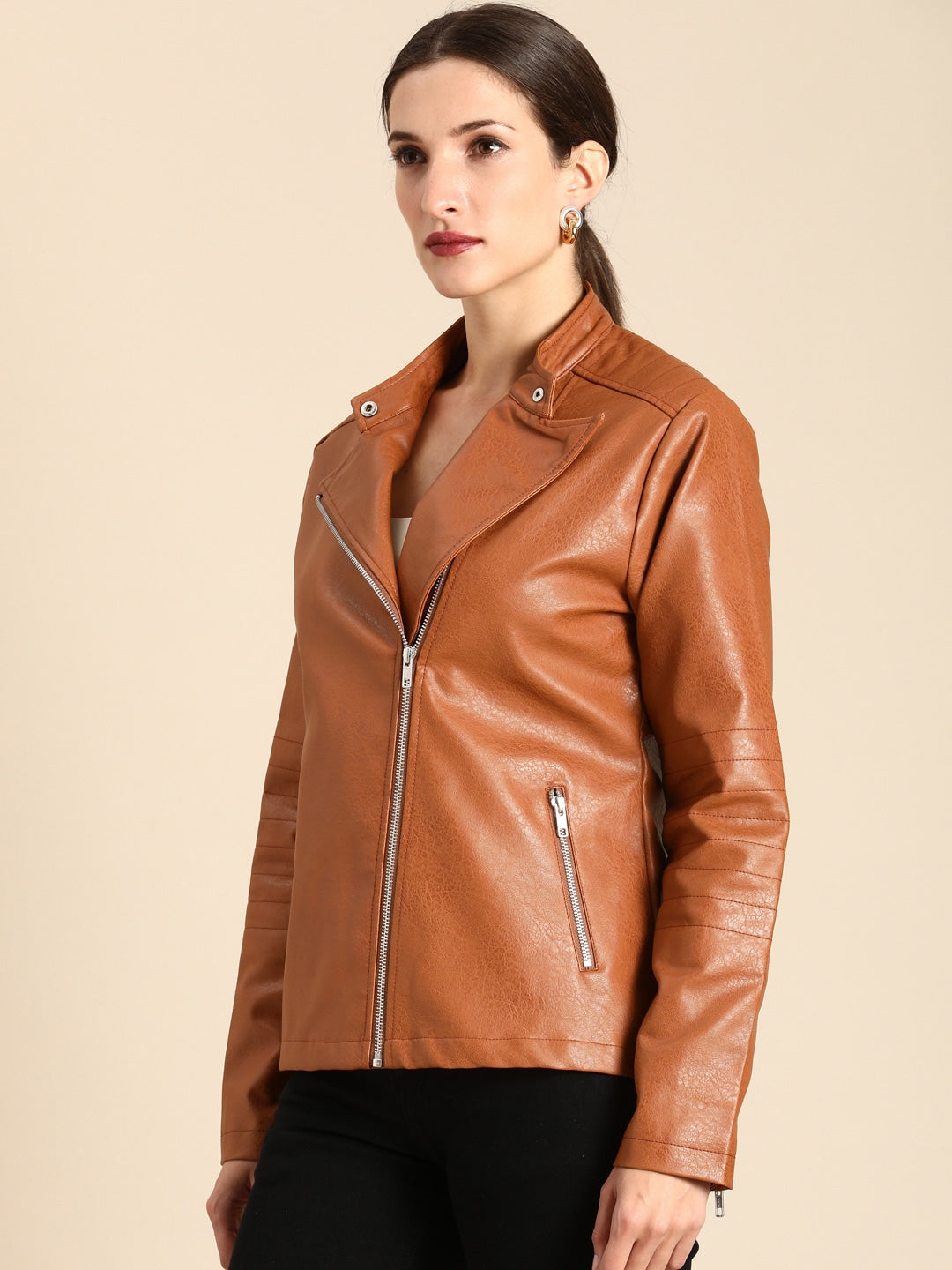Women Rust Brown Textured Biker Jacket | QAWACH