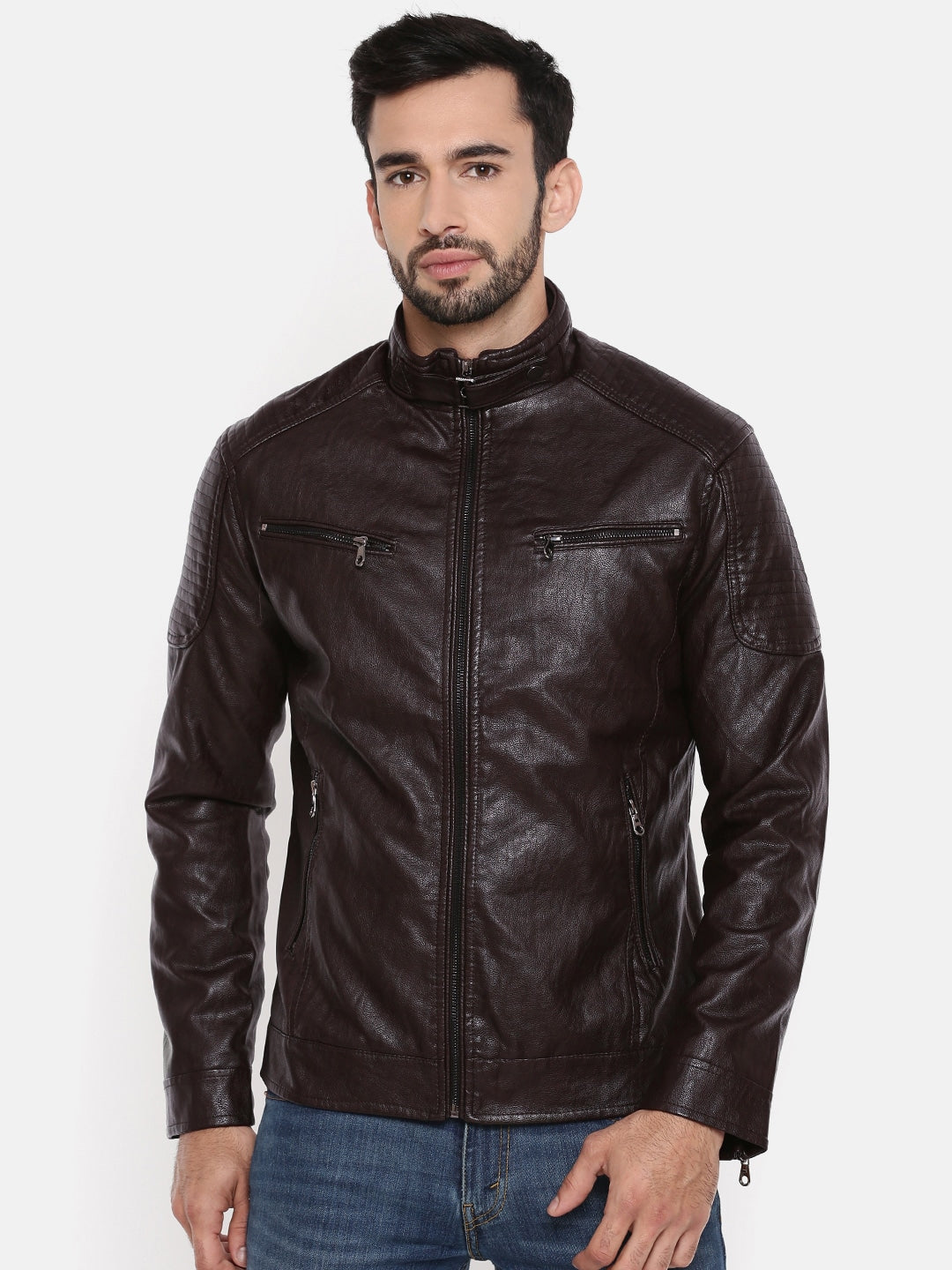 Men Solid Black Biker Leather Jacket | QAWACH