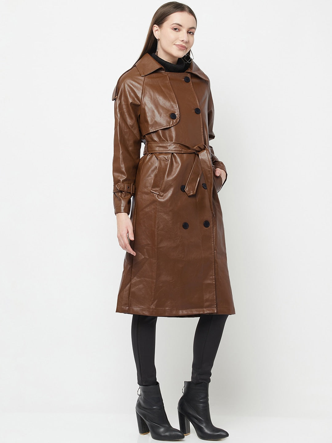 Women Coffee Brown Solid Double-Breasted Trench Coat