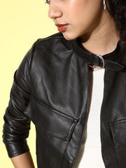 Women Black Crop Biker Jacket - Qawach Leather