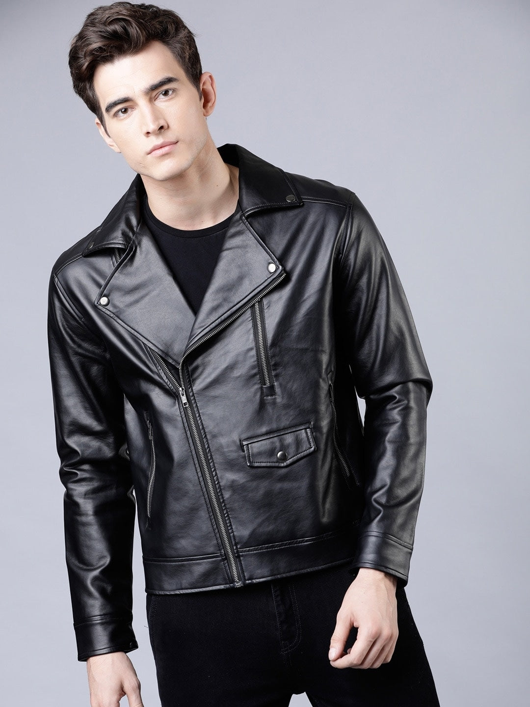 Men Black Solid Biker Leather Jacket