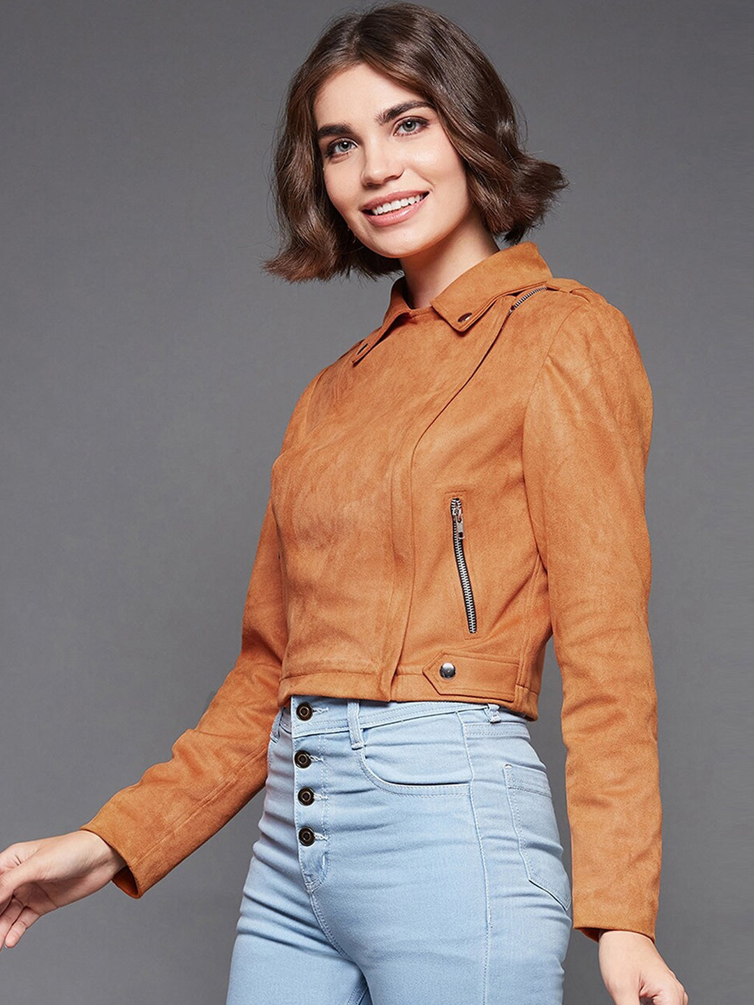 Women Orange Camouflage Crop Biker Jacket | QAWACH