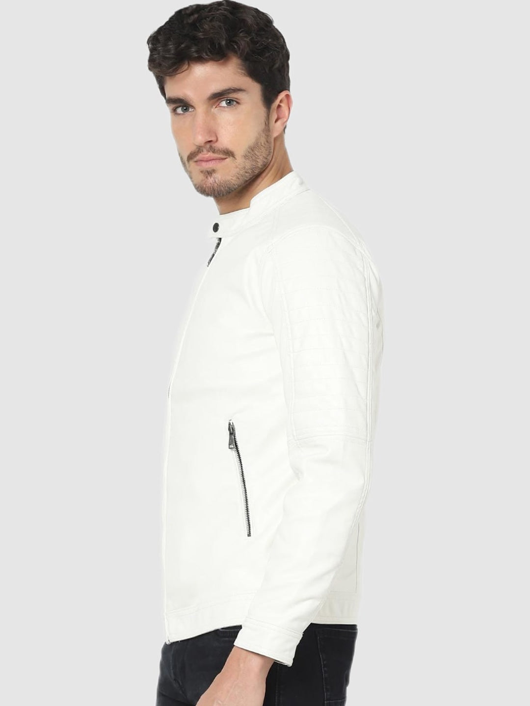 Men White Biker Jacket online | QAWACH