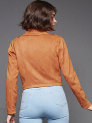 Women Orange Camouflage Crop Biker Jacket | QAWACH