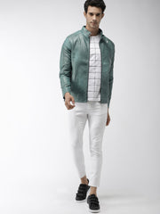 Men Teal Green Solid Biker Jacket | QAWACH