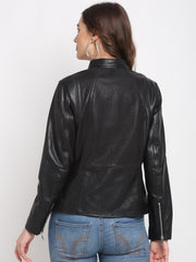 Women Black Leather Lightweight Biker Jacket | QAWACH