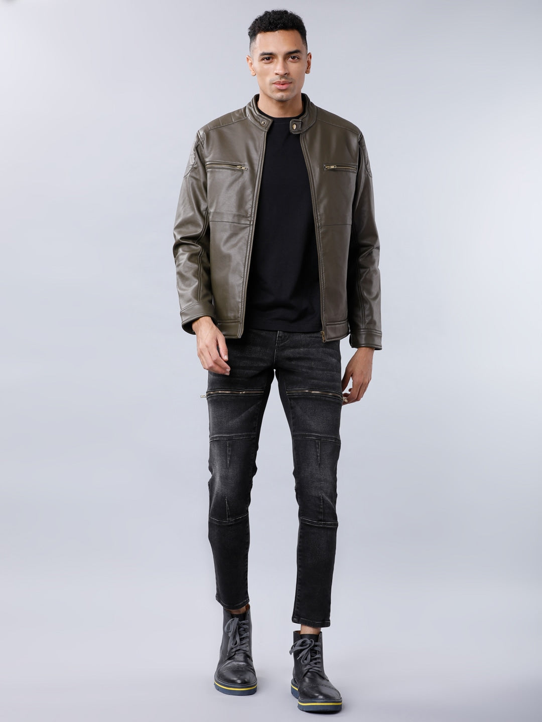Shop Men Olive Green Solid Leather Biker Jacket | QAWACH