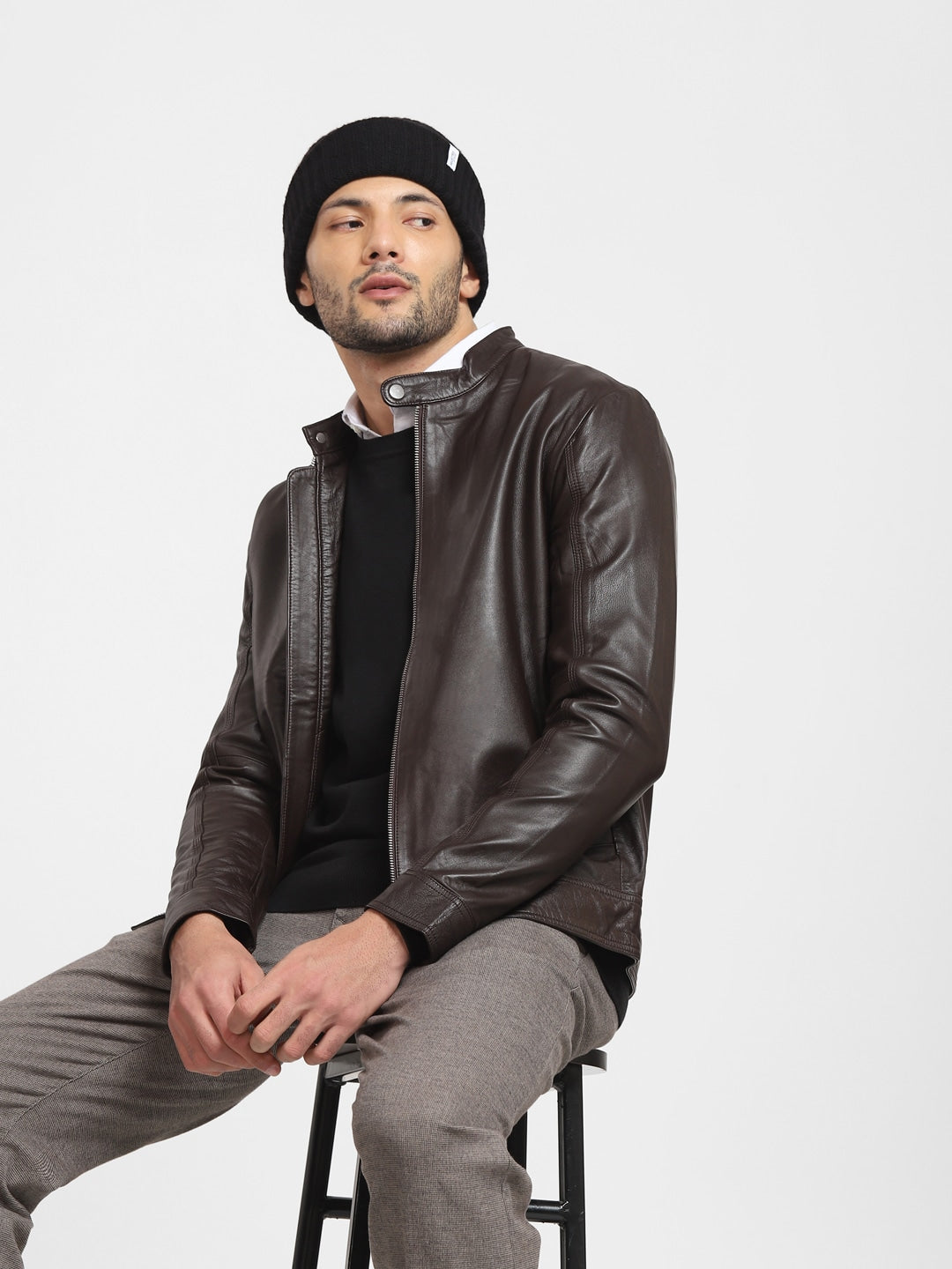 Men Classic Leather Brown Solid Leather Jacket | QAWACH