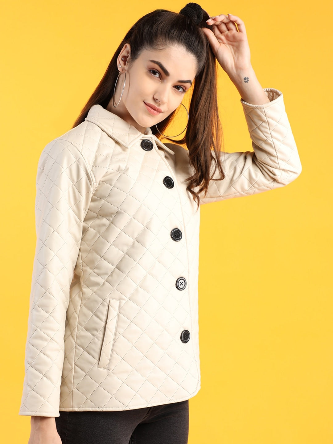 Women Off White Leather Quilted Jacket | QAWACH