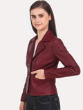 Women Red Crop Leather Jacket | QAWACH