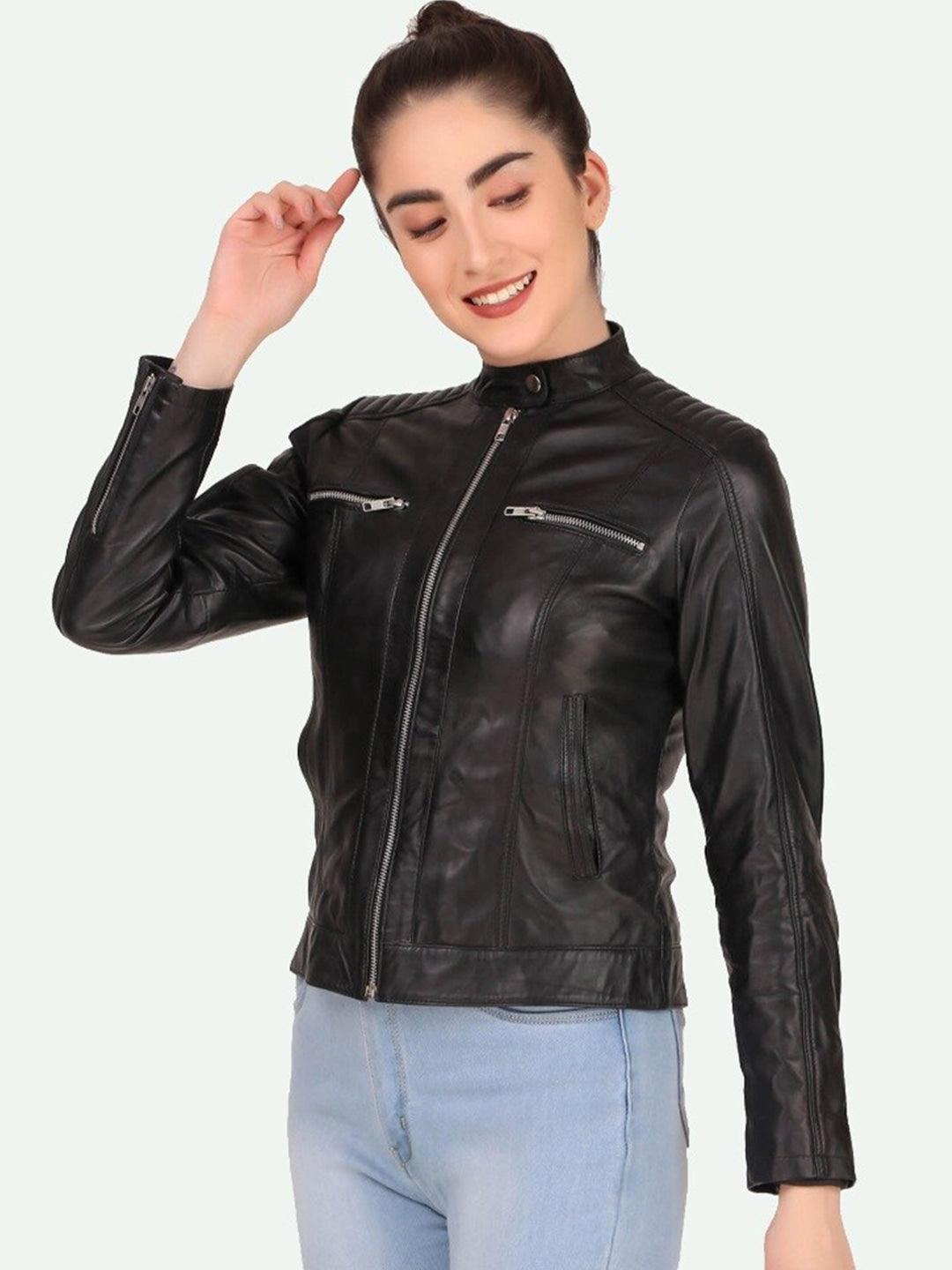 Women Black Leather Crop Outdoor Biker Jacket - Qawach Leather