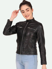 Women Black Leather Crop Outdoor Biker Jacket - Qawach Leather